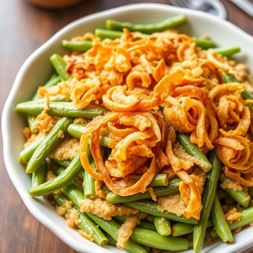 Classic Green Bean Casserole Recipe 1 Green Bean Casserole Recipe — creamy casserole with crispy onions on top, festive holiday dinner side