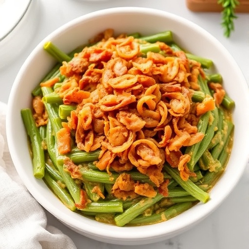 Easy Green Bean Casserole 1 Easy Green Bean Casserole — green bean casserole with crispy onions baked golden, quick holiday side