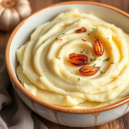 Garlic Mashed Potatoes Recipe 1 Garlic Mashed Potatoes — creamy mashed potatoes topped with roasted garlic and herbs, flavorful dinner side
