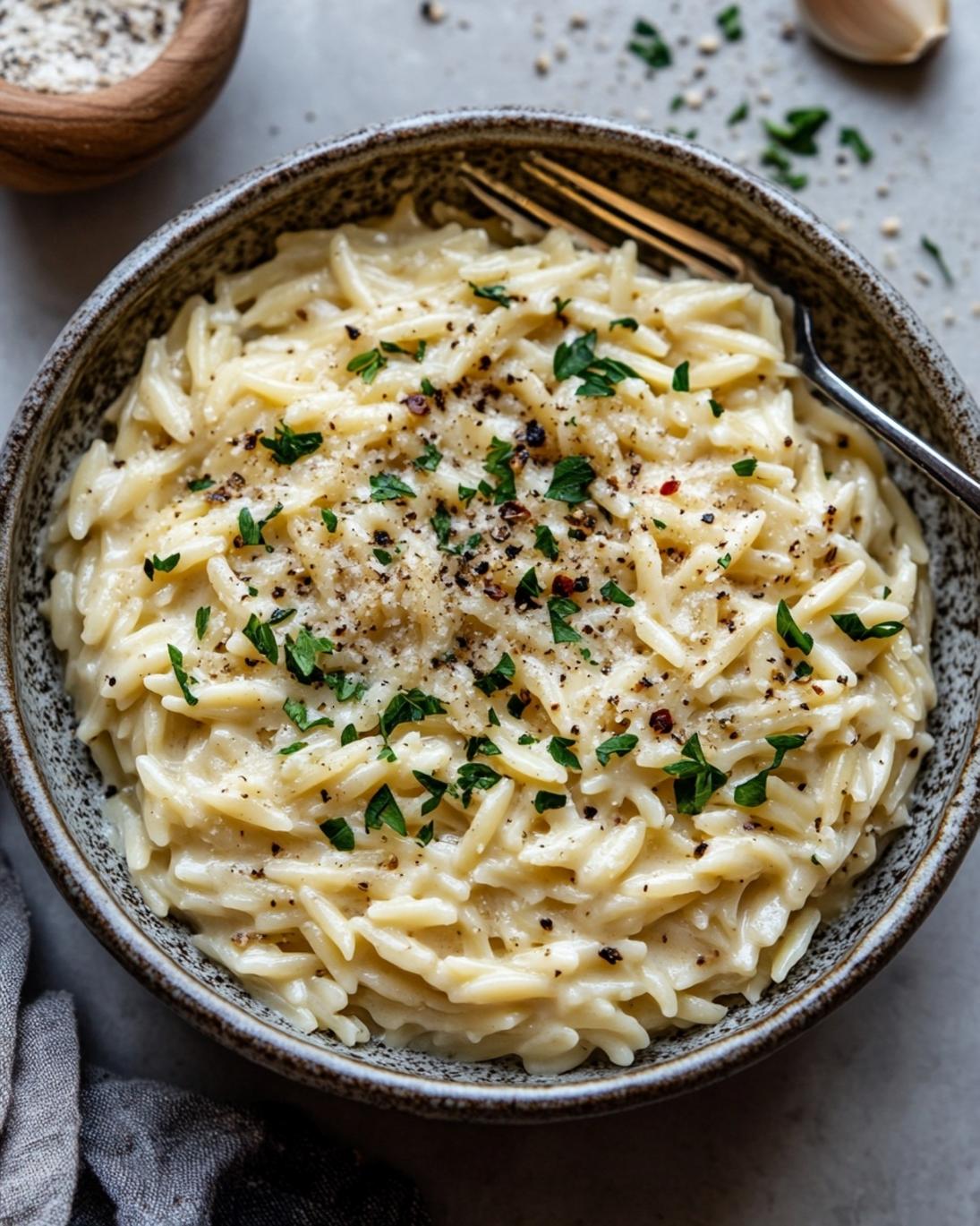 Creamy Garlic Parmesan Orzo ready to serve