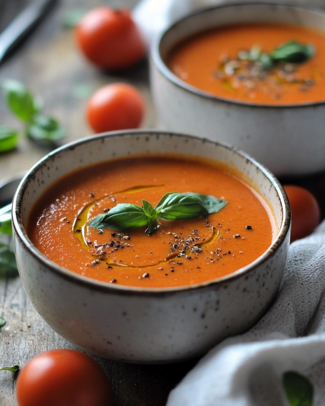 A freshly prepared bowl of creamy tomato soup garnished with basil leaves and a swirl of cream, ready to be served.